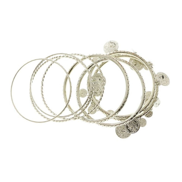 Erica Lyons Designer Silver Tone Coin Charm Bangle Set New - Picture 1 of 7